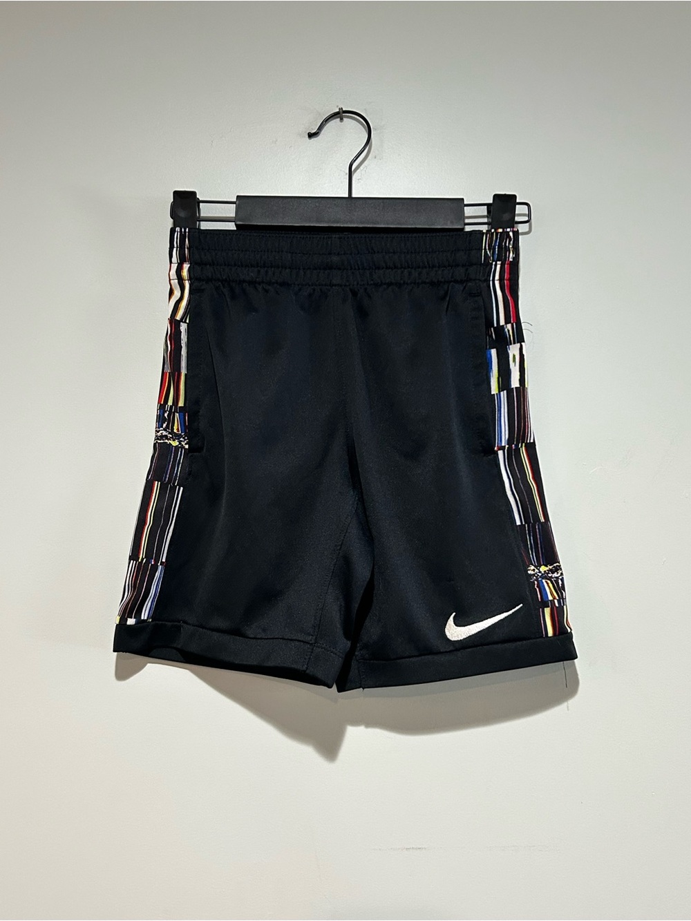 Nike Black Kids Athletic Shorts with Multicolor Stripe Panels